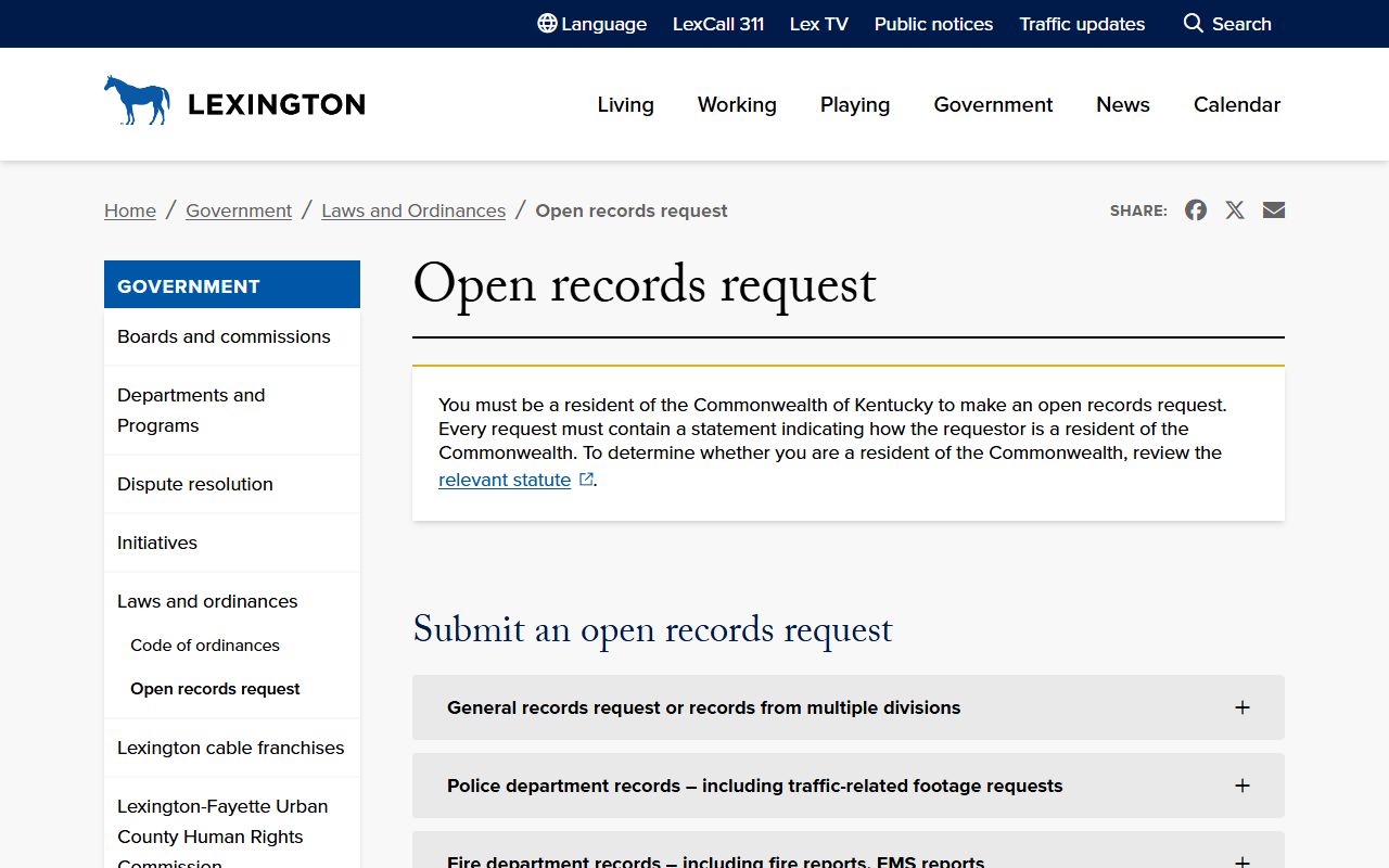Lexington open records request system for genealogy research