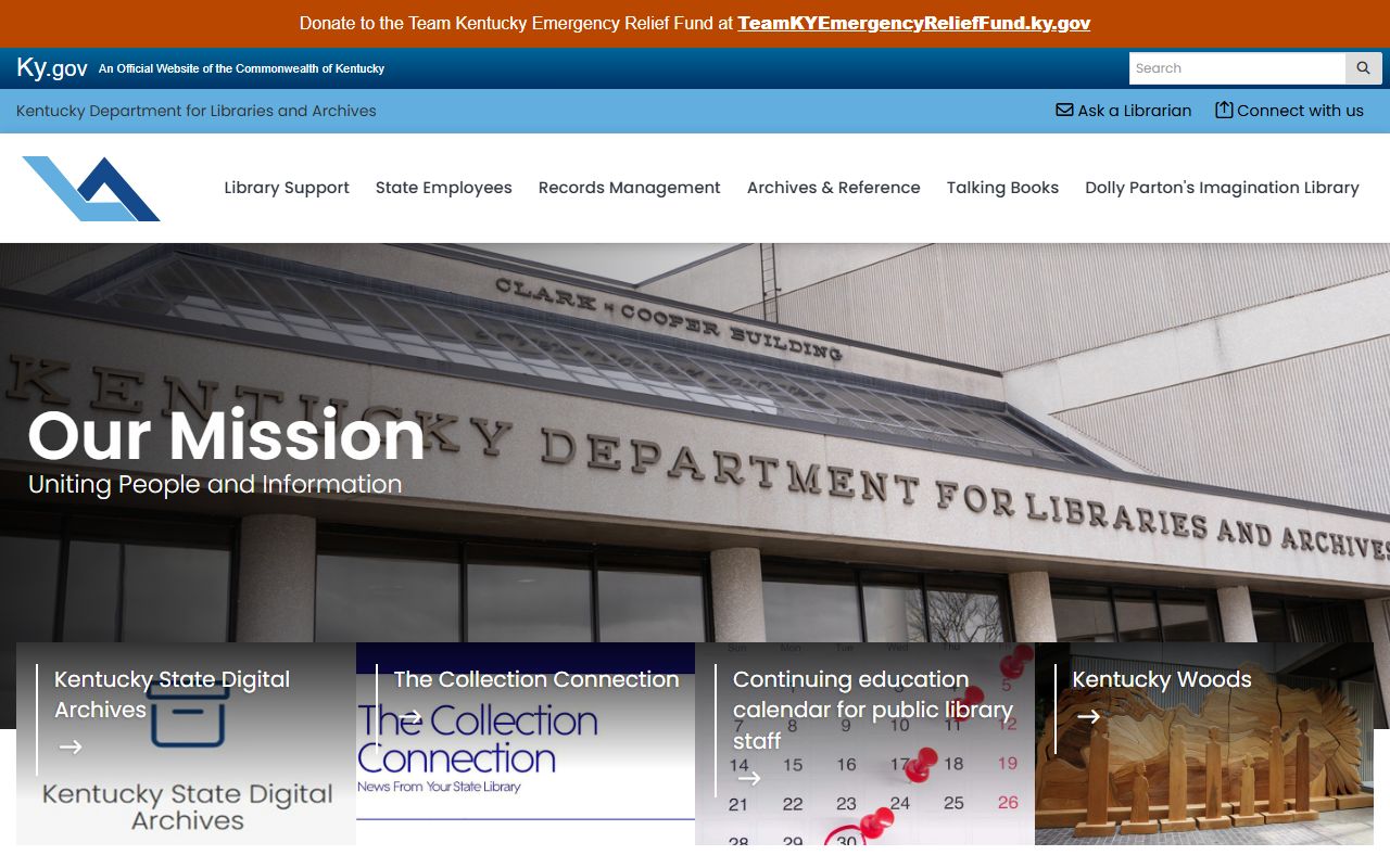 Kentucky Department for Libraries and Archives homepage for genealogy records