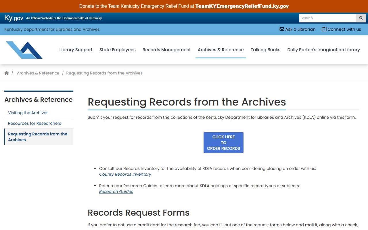 KDLA records requests page for Kentucky genealogy documents