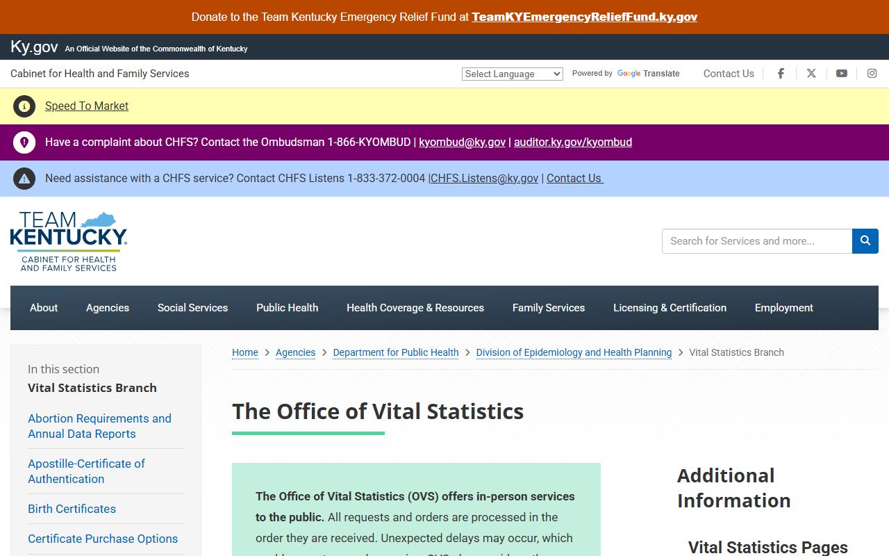Kentucky Office of Vital Statistics website for genealogy records